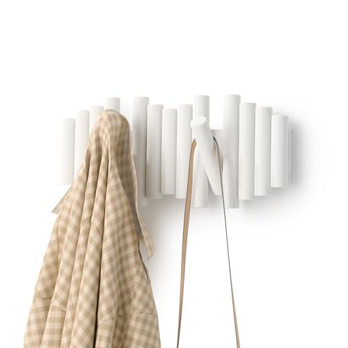 Umbra Piquete de 5 ganchos para pendurar na parede, combina útil e arte, cavilhas de pinheiro chanfradas, branco, 5 ganchos