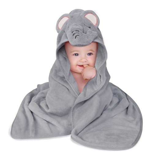 Aolso Toalha de banho com capuz para bebé, 80 x 80 cm, toalha de banho para bebé, roupão de banho macia e absorvente, toalha de banho bebé para 0-3 anos-elefante cinzento