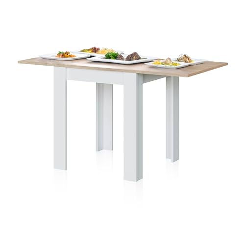 duehome | Mesa auxiliar extensível, mesa de cozinha, acabamento em cor branca Artik e carvalho Canadian, modelo giratório, medidas: 67-134 cm (largura) x 67 cm (fundo) x 79 cm (altura)