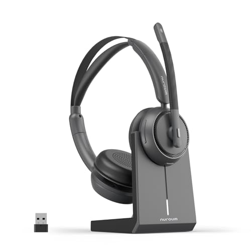 Nuroum HP31-D (2nd Gen) Auriculares Bluetooth com estação de carregamento, auriculares sem fios PC, cancelamento de ruído ENC, USB/Bluetooth/USB Dongle, 45H tempo de trabalho para equipas /
