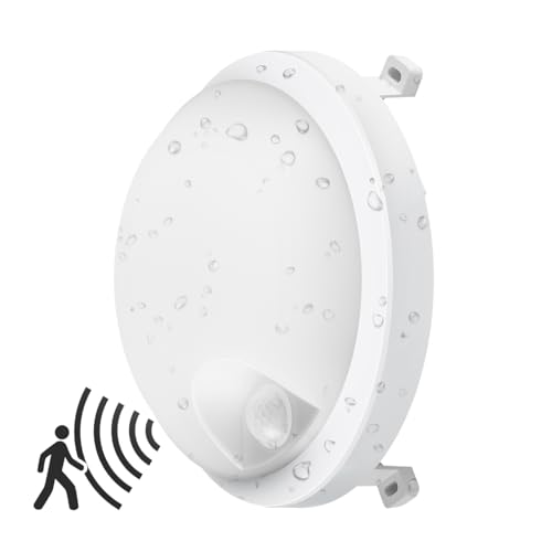 ANWIO 12 W Candeeiro de parede impermeável redondo para exteriores interiores, com sensor de movimento, IP54 PIR luz branca neutra 4000 K 900 LM. Branco