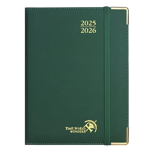 POPRUN Agenda 2025 2026 Semana visualização premium 22 x 16,5 cm, semanal 2025 com tampa dura, cantos protetores de ouro, papel 80 GSM, verde floresta
