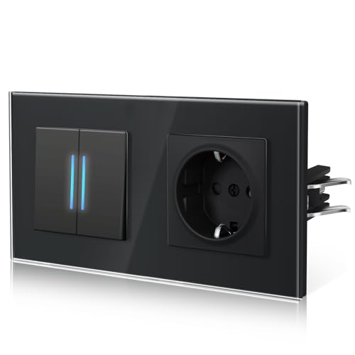 BSEED Tomada e interruptor, interruptor de parede com gancho, Basculante com pilotos LED, painel de vidro, segurança infantil, instalação fácil, E-Série, 2 gangue 1 via com tomada, 157 mm preto