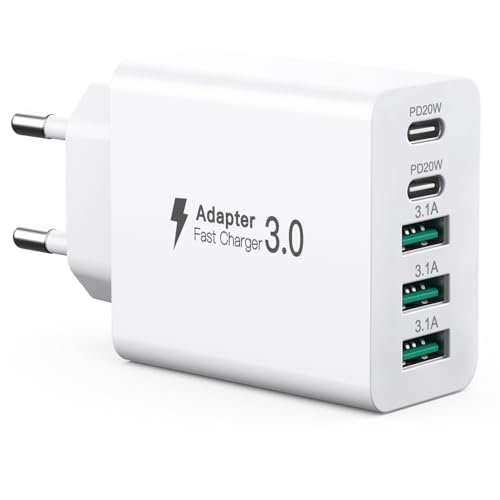 Carregador USB C 50 W, carregador múltiplo portas com 2 USBC e 3 USBA】, carregador de parede de corrente USB, adaptador de alimentação Fast Charge PD 3.0 compatível com iPhone 12/13/14/15/Samsung