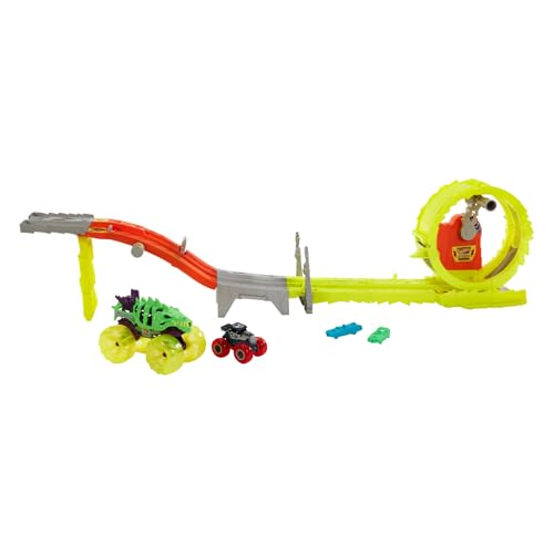 Hot Wheels Monster Trucks Power Smashers Race & chase challenge, pista para carros de brinquedo que inclui veículos Skelesaurus e Bone Shaker, presente para meninos e meninas +4 anos, HYT07