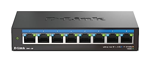 D-Link DMS-108, Switch Multigigabit, sem gestão, secretária, 8 portas de 2,5 gigabit (2,500 Mbps), ideal para ligação NAS ou servidores, metálico, Plug and Play, IGMP Snooping