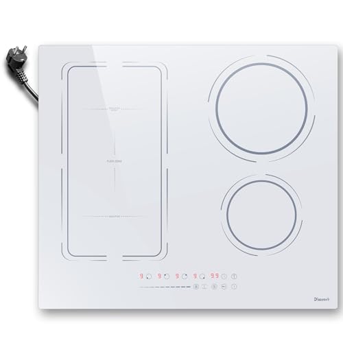 Placa de indução 4 fogos branco flexível com tomada, indução de vinil 60 cm 3500 W, bancada de indução 230 V 9 níveis, função de isolamento de impulso, temporizador, bloqueio para crianças