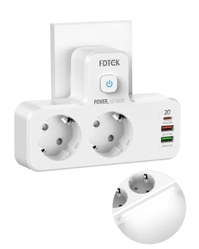 FDTEK Extensão de tomada com luz, tomada USB C, tomada múltipla com 1 tipo C (PD de 20 W, carregamento rápido) e 3 USB, tomada de parede com 2 tomadas para viajar, casa e escritório, branco