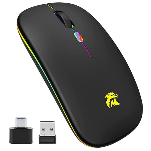 Rato sem fios recarregável Bluetooth, rato sem fios, 3 dpi rato sem fios silencioso, rato Bluetooth Mouse de 7 cores, 2,4 GHz com mini recetor USB compatível com portátil, PC, Mac, Apple