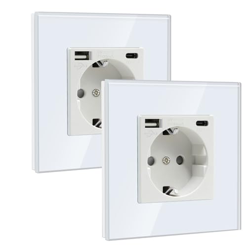 BSEED Tomada Schuko com USB A e Tpye C 1 Gang 2 Pack, tomada de parede com USB 16A com placa de vidro 86 * 86 mm, branco