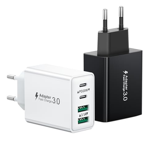 2-Pack carregador USB C, 40 W 4 portas tomada USBC carregamento rápido múltiplo telemóvel carregador cabeça dupla QC 3.0 e PD rápido parede adaptador para iPhone 16 15 Plus 14 13 12 11 Pro MAX Plus