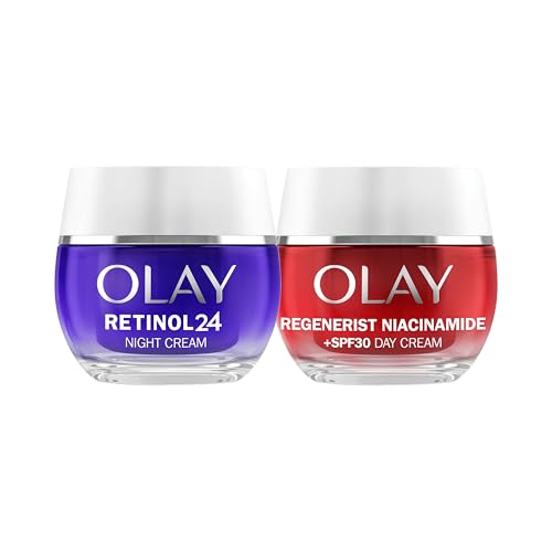 Olay Retinol24 creme noturno 50 ml e Olay Niacinamida SPF30 creme hidratante de dia 50 ml. Pacote de 2 cremes anti-rugas. Pele mais jovem e radiante