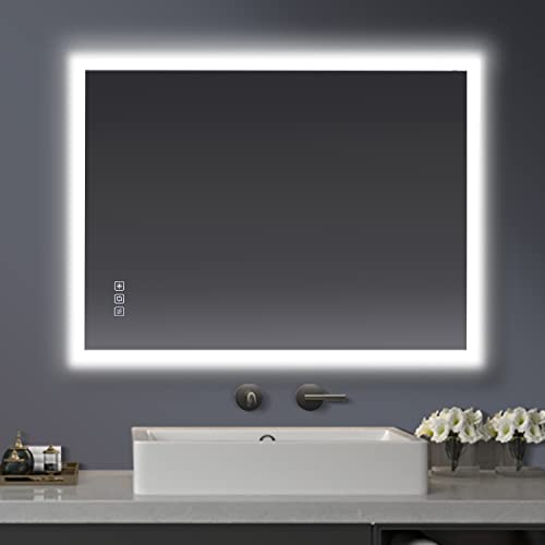 furduzz Espelhos para toucador de casa de banho, 80 x 60 mm espelho multifuncional montado na parede de casa de banho com luzes LED, brilho ajustável de luzes, anti-névoa, função de memória, vertical