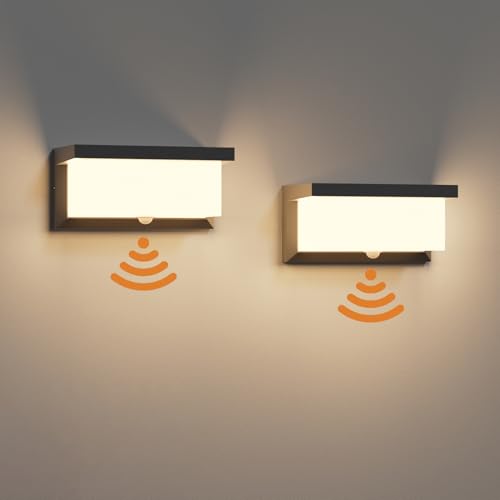 Klighten 2 peças LED aplique de parede com sensor de movimento, 3000 K exterior, IP65 impermeável, alumínio para uso interior e exterior, preto