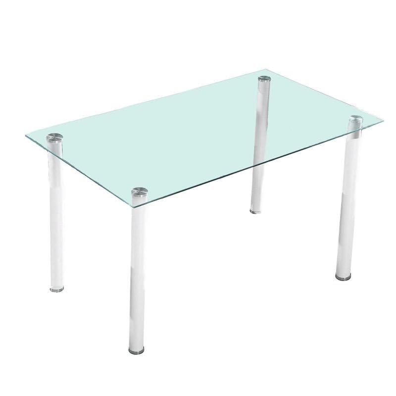 Shiito | Modelo LIDER | JC - mesa de sala de jantar | móveis modernos de sala de estar, tampa de vidro transparente com pernas de metal brancas, 120 x 180 cm