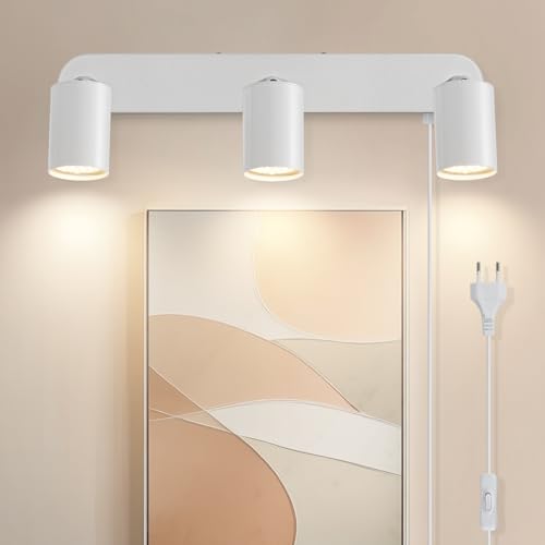TaFiCo Aplique parede com tomada e interruptor 3 focos branco GU10 - lâmpada de parede com cabo rotativo 350° moderno - apliques parede quarto sala de estar corredor pintura mural - sem lâmpadas