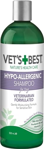 Vet's Best Shampoo HIPO-alérgico para cães com pele sensível, alivia o desconforto da pele seca, comichão, limpo, hidratante e condição da pele e do pêlo, 500 ml