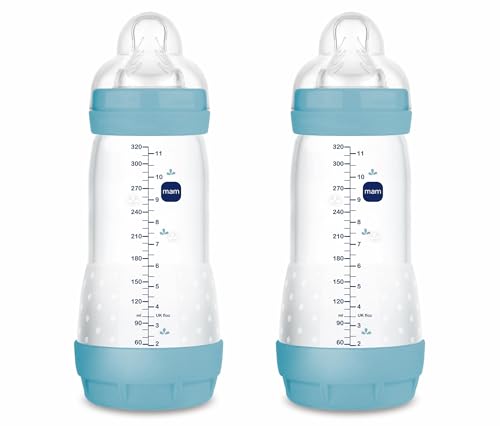 MAM Embalagem de 2 biberões anticólicos, a partir de 4 meses, 320 ml, com Tetina 3 fluxo rápido de fácil aceitação, auto-esterilizável e fácil de limpar, MAM Easy Start Anti-Colic, azul mate,