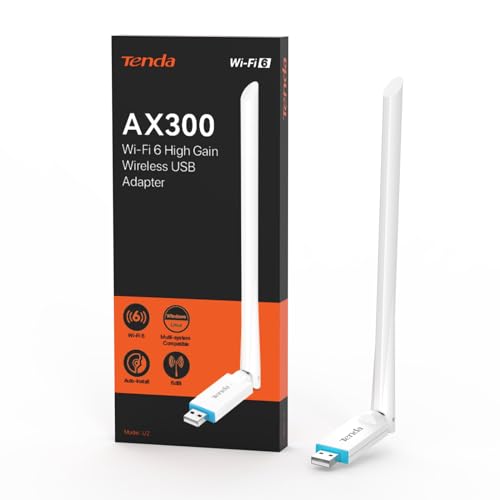 Tenda U2 Adaptador Wi-Fi 6 USB AX300, antena Wi-Fi externa ajustável de 6dBi, modo app, configuração fácil, Wi-Fi USB para PC e computador portátil, compatível com Windows 11/10/Linux/UOS, V5.0