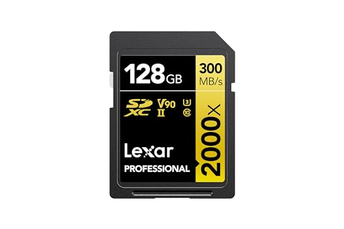 Lexar Professional 2000 x cartão SD de 128GB, SDXC UHS-II cartão de memória sem leitor, até 300 MB/s de leitura, Class 10, U3, V90 SD para DSLR, câmaras de vídeo em qualidade de cinema