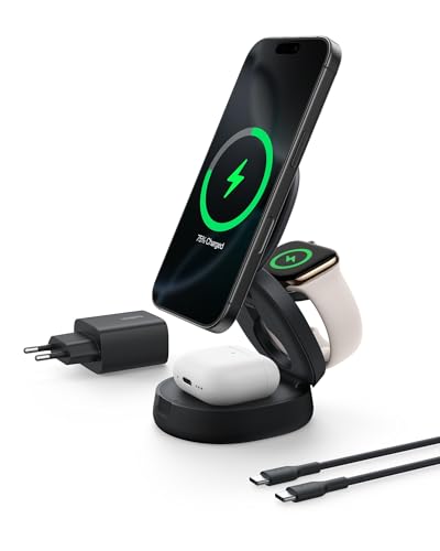 Belkin Carregador sem fios compatível com MagSafe, estação de carregamento sem fios 3 em 1, de 15 W, certificação Qi2 e pé antiderrapante, iPhone 16, Apple Watch e AirPods, adaptador de 36 W, preto