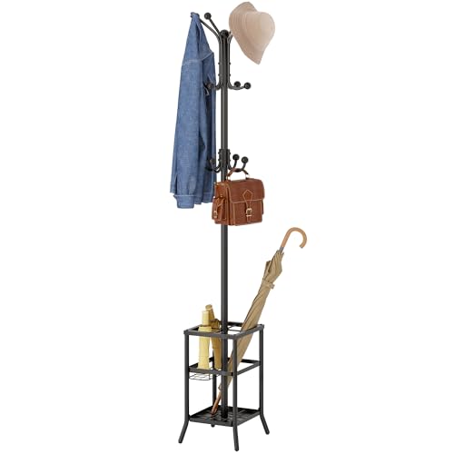 FAVOOSTY Cabide de pé com guarda-chuvas, cabide com 12 ganchos, sala de estar 185 cm de altura, cabide de pé, para sala de estar, quarto