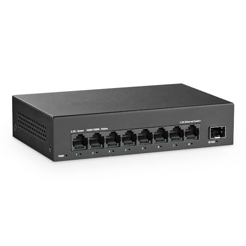 YuLinca 8 portas Unmanaged Switch, 8 x 2,5 GBASE-T Portas com 10 G SFP+, capacidade de comutação de 60 Gbps, Fanless Plug & Play 2,5 Gb Network Switch