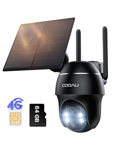 COOAU 4G LTE Câmara de vigilância exterior com Sim, 2K 3MP QHD câmara 4G solar sem cabo com bateria, PTZ 355°/90°, visão noturna, deteção de movimento PIR, áudio bidirecional, cartão SIM