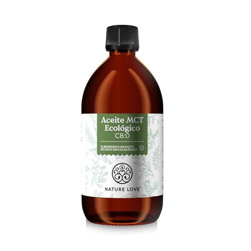 NATURE LOVE® Óleo MCT ecológico C:8 – 500 ml, fabricado com óleo de coco 100% ecológico, ideal para dietas cetogénicas - ácidos graxos exógenos para favorecer a formação de cetonas