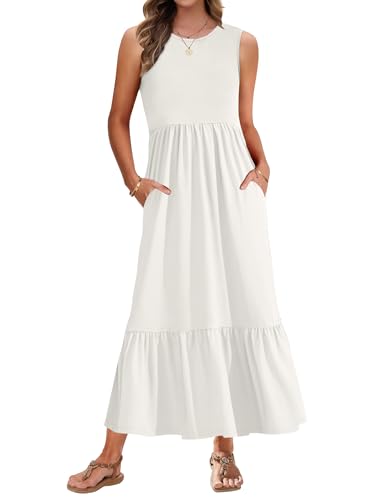 AUSELILY Vestido longo verão mulher decote redondo vestido casual sem mangas vestidos maxi verão praia com bolsos