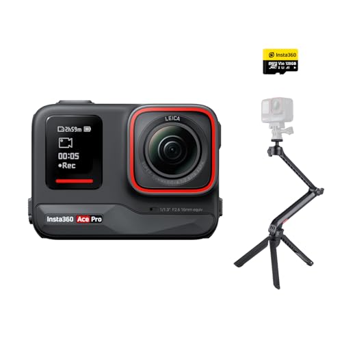 Insta360 Ace Pro Kit de criador: Câmara de ação impermeável projetada com Leica, sensor de crachá de 1/1,3", redução de ruído IA imagem máxima, 4K a 120 fps, ecrã rebatível de 2,4" e funções de IA