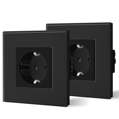 BSEED Tomada de parede tomada padrão Schuko com painel de vidro 16A instalação fácil 86 mm preto, 2 pacotes