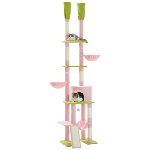 PETEPELA Árvore grande para gatos do chão ao teto, torre para gatos com condomínio grande, altura ajustável, 216 cm - 285 cm, centro de atividades de escalada para gatos de 5 níveis com rede de rede
