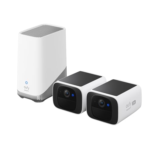 eufy Security SoloCam S220 Câmara de vigilância, Wi-Fi, sem fios, solar, 2 unidades Homebase3, resolução 2K, câmara solar, compatível com Alexa, Wi-Fi de 2,4 GHz, sem mensal