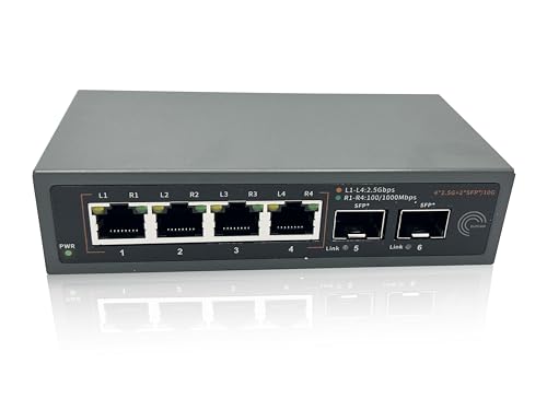 Elfcam® - Interruptor de fibra ótica de 10 GB com 2 portas 10G SFP e 4 portas 2,5 Gigabit Ethernet RJ45, Plug & Play não gerenciado (2 x 10G SFP+, 4 x 2,5 G RJ45)