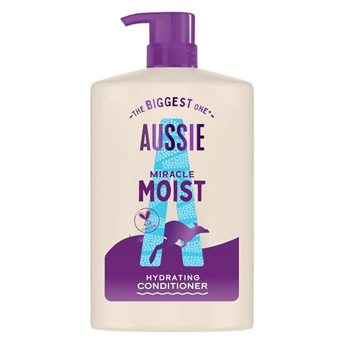 Aussie Miracle Moist Condicionador de 1000 ml, fórmula hidratante para revitalizar e restaurar o cabelo quebradiço e seco, com óleo de macadâmia, vegano