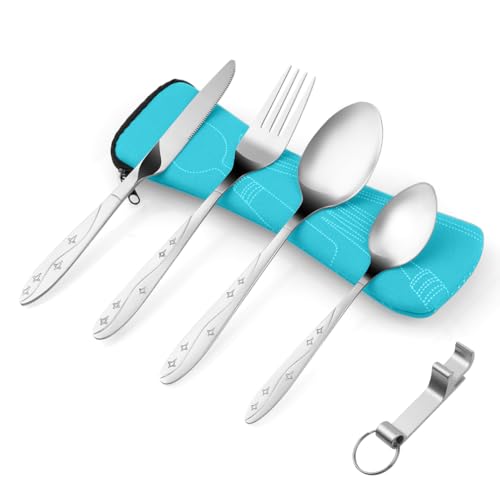 Vicloon 6 peças Conjunto de trabalho para transportar de campismo em aço inoxidável, conjunto de trabalho para viagens exteriores, azul-flor