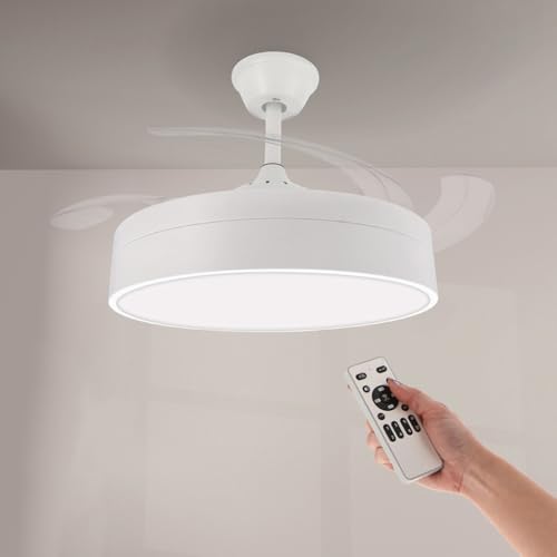 M mimotec - Ventoinha de teto com luz LED Messe 72 W branco, controlo remoto, baixo consumo, motor DC, 6 velocidades, silencioso, 4 pás suspensas, função verão-inverno, temporizador
