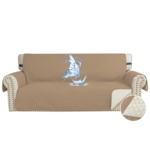 CYCMACO Capa para sofá impermeável de 3 lugares, cobre sofás anti-riscos gatos, Couch Cover antiderrapante anti-manchas, universal, com apoios de braços, lavável, café claro