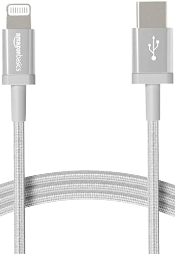 Amazon Basics Cabo trançado de nylon USB-C para Lightning, carregador certificado por MFi para iPhone 13/12/11/X/XS/XR/8, Type-C, PD de carregamento rápido, prateado, 1,8 m