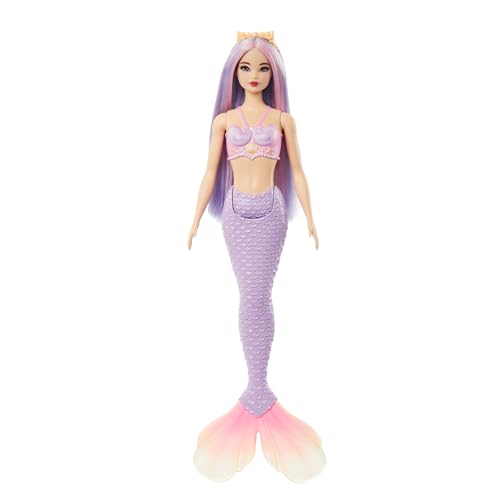 Barbie Boneca sereia com cabelo de fantasia rosa e roxo e bandana, brinquedo com corpete inspirado em conchas e de cor lavanda - para meninos e meninas 3 anos, HRR06