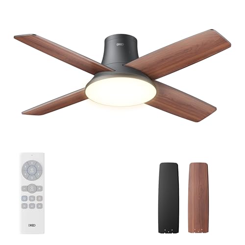 Dreo Ventilador de teto silencioso com lâmpada LED, 112 cm, reversível, 5CCT, 6 velocidades, fácil de instalar, temporizador, montagem em superfície, controlo remoto, preto