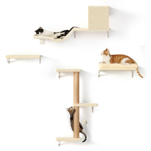 FUKUMARU Conjunto de parede de escalada para gatos, 4 peças - prateleiras de parede, feitas de placas multicamadas fortes, ponte para gatos, árvore para gatos, escadas para gatos até 18 kg, bege