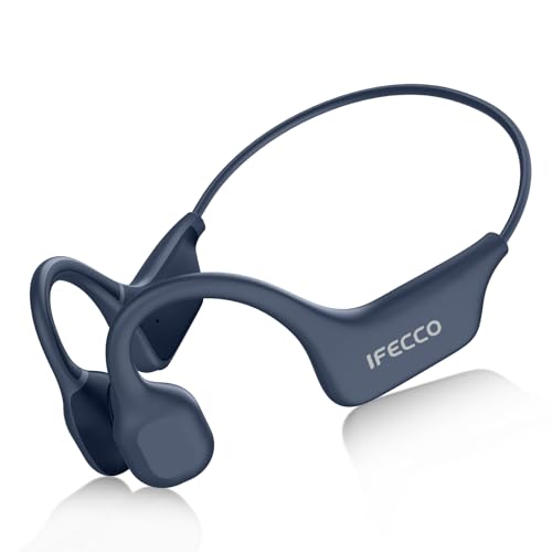 IFECCO Auriculares de condução óssea - Auriculares de condução óssea Bluetooth 5.3 com microfone, IPX5 auriculares desportivos sem fios de orelha aberta impermeáveis para ciclismo, corrida