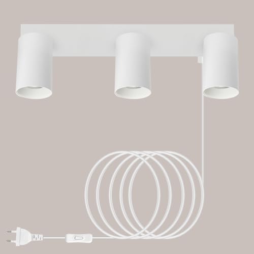 TaFiCo Aplique parede com tomada e interruptor 3 focos branco GU10 - lâmpada de parede com cabo moderno rotativo 350° - apliques parede quarto sala de estar corredor pintura mural - sem lâmpadas