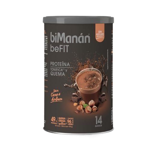 biManán - Batido de proteína sabor cacau e velãs, 49% proteína, 14,7 g por largura, com guaraná, fibra, ácido fólico, vitaminas e minerais, tonifica e aumenta a massa muscular, 420 g, 14 batidos