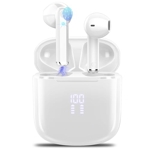 OYIB Auriculares sem fios, mini auriculares Bluetooth 5.3 com Hi-Fi estéreo com HD Mic, 25H In Ear capacetes sem fios com ecrã LED, controlo tátil, IP7 impermeável (branco)