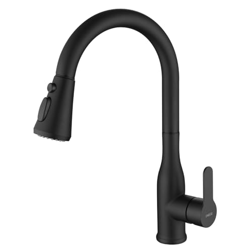 ONECE Torneira de cozinha preta removível com 3 modos, misturador de lava-louça com cano giratório de 360°, torneiras com chuveiro único, aço inoxidável 304, água fria e quente, sem chumbo