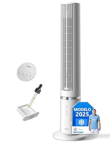 MIDEA Ventilador de torre de 4 velocidades com controlo remoto, ventilador de torre silencioso com oscilação de 90º - refrigerador de ar com temporizador - climatizador frio potente até 9 m - Fan