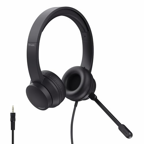 Trust Roha II Auriculares com cabo de 3,5 mm On Ear com microfone, faixa de cabeça ajustável, cabo de 1,8 m, capacetes com cabo leves super-aurais per escritório PC computador portátil Laptop Teams